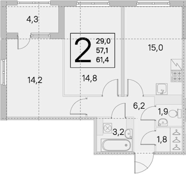 2-комнатная квартира 57.1 м², 2/5 эт., ЖК «ЮгТаун. Олимпийские кварталы»
